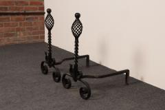 Pair of Gothic Revival Firedogs Andirons with Basket Twist and Scroll Motif - 4452692