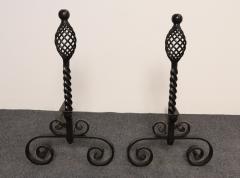 Pair of Gothic Revival Firedogs Andirons with Basket Twist and Scroll Motif - 4452693