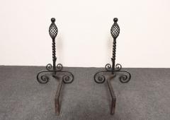 Pair of Gothic Revival Firedogs Andirons with Basket Twist and Scroll Motif - 4452694