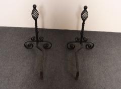 Pair of Gothic Revival Firedogs Andirons with Basket Twist and Scroll Motif - 4452695
