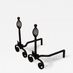 Pair of Gothic Revival Firedogs Andirons with Basket Twist and Scroll Motif - 4454570