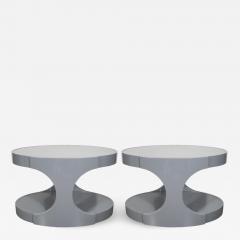 Pair of Graphic Modernist Gray Lacquered Two Tiered Oval Side Tables - 1523042