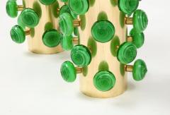 Pair of Green Murano Glass Knobs and Brass Cylinder Sculptural Lamps Italy 2021 - 2094081