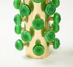 Pair of Green Murano Glass Knobs and Brass Cylinder Sculptural Lamps Italy 2021 - 2094087