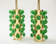 Pair of Green Murano Glass Knobs and Brass Cylinder Sculptural Lamps Italy 2021 - 2094089