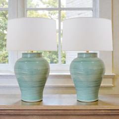 Pair of Green Stoneware Urn Shaped Table Lamps - 4444294