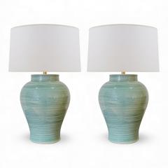Pair of Green Stoneware Urn Shaped Table Lamps - 4444346