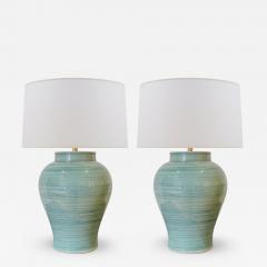 Pair of Green Stoneware Urn Shaped Table Lamps - 4444350