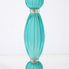 Pair of Hand Blown Aquamarine Murano Fluted Glass Table Lamps w 24 Karat Gold - 4304486
