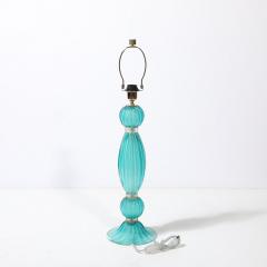 Pair of Hand Blown Aquamarine Murano Fluted Glass Table Lamps w 24 Karat Gold - 4304487