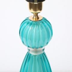 Pair of Hand Blown Aquamarine Murano Fluted Glass Table Lamps w 24 Karat Gold - 4304488