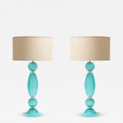 Pair of Hand Blown Aquamarine Murano Fluted Glass Table Lamps w 24 Karat Gold - 4306357