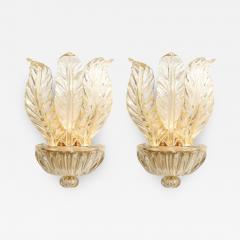 Pair of Hand Blown Modernist Murano Foglia Doro Glass Leaf Form Sconces - 2709573