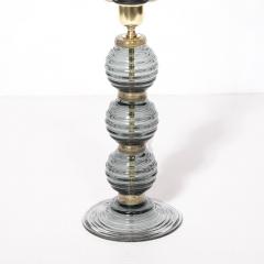 Pair of Hand Blown Murano Ribbed Smoked Glass Table Lamps with Brass Fittings - 4438861