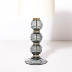 Pair of Hand Blown Murano Ribbed Smoked Glass Table Lamps with Brass Fittings - 4438862