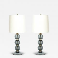 Pair of Hand Blown Murano Ribbed Smoked Glass Table Lamps with Brass Fittings - 4441235