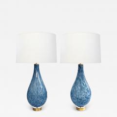 Pair of Hand blown Mottled Blue Art Glass Teardrop form Lamps - 4492680