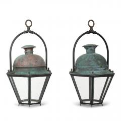 Pair of Hexagonal Glass Paneled Domed Verdigris Green Copper Lanterns - 3993728