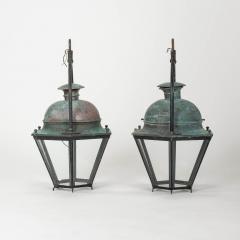 Pair of Hexagonal Glass Paneled Domed Verdigris Green Copper Lanterns - 3993729