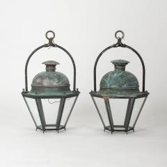 Pair of Hexagonal Glass Paneled Domed Verdigris Green Copper Lanterns - 3993734