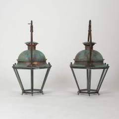 Pair of Hexagonal Glass Paneled Domed Verdigris Green Copper Lanterns - 4051613