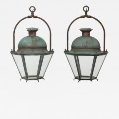 Pair of Hexagonal Glass Paneled Domed Verdigris Green Copper Lanterns - 4056340