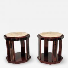 Pair of Hexagonal Side Tables in Makassar Wood and Travertine Top - 2378779