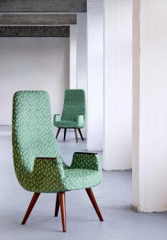 Pair of High Back Armchairs in Green Braqueni Velvet and Weng Wood 1950s - 1718887