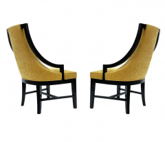 Pair of Hollywood Regency Black Frame Armchair Slipper Chairs with Gold Fabric - 2824304