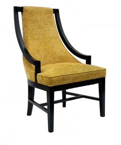 Pair of Hollywood Regency Black Frame Armchair Slipper Chairs with Gold Fabric - 2824309