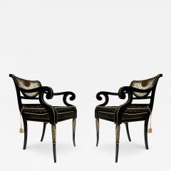 Pair of Hollywood Regency Black Rope Tassel Cane Armchairs or Side Chairs - 3709389