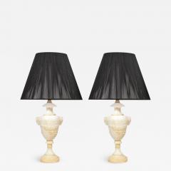 Pair of Hollywood Regency Handcarved Alabaster Lamps w Neoclassical Detailing - 2669570