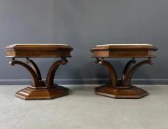 Pair of Hollywood Regency Octagonal Calacatta Marble Side Tables w Brass Accents - 3936164