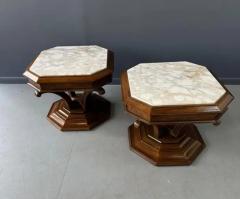 Pair of Hollywood Regency Octagonal Calacatta Marble Side Tables w Brass Accents - 3936181