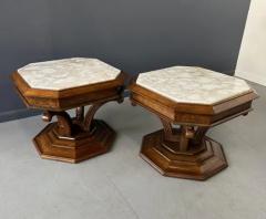 Pair of Hollywood Regency Octagonal Calacatta Marble Side Tables w Brass Accents - 3936183