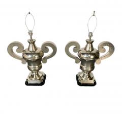 Pair of Hollywood Regency Polished Nickel Table Lamps Large Urns - 3231178