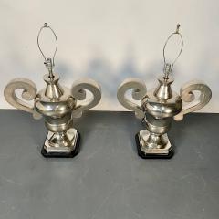 Pair of Hollywood Regency Polished Nickel Table Lamps Large Urns - 3231181