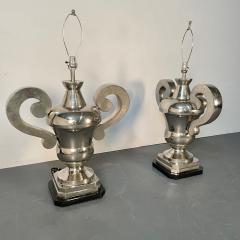 Pair of Hollywood Regency Polished Nickel Table Lamps Large Urns - 3231182