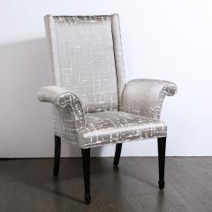Pair of Hollywood Regency Scroll Form Ebonized Walnut Textural Silk Armchairs - 1648571