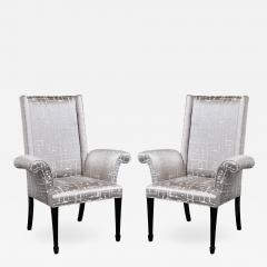 Pair of Hollywood Regency Scroll Form Ebonized Walnut Textural Silk Armchairs - 1650354