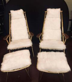 Pair of Hollywood Regency Style Fur Lounge or Chaise Chairs and Ottomans - 1301470