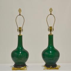 Pair of Hollywood Regency Style Jade Green Ceramic Table Lamps - 1277151