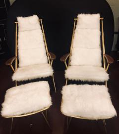 Pair of Hollywood Regency Style Shearling Lounge or Chaise Chairs and Ottomans - 2950608