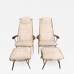 Pair of Hollywood Regency Style Shearling Lounge or Chaise Chairs and Ottomans - 2957057