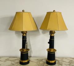 Pair of Hollywood Regency Style Table Lamps with Custom Shades Ebony and Gilt - 2564883