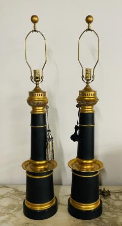 Pair of Hollywood Regency Style Table Lamps with Custom Shades Ebony and Gilt - 2564885