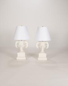 Pair of Hollywood Regency White Rams Head Lamps - 1199600