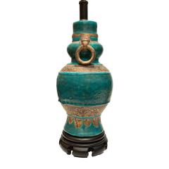 Pair of Impressive Italian Artisan Ceramic Lamps with Aqua Craquele Glaze 1950s - 2911951