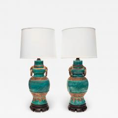 Pair of Impressive Italian Artisan Ceramic Lamps with Aqua Craquele Glaze 1950s - 2913365