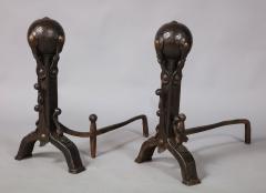 Pair of Iron and Bronze Strapwork Sphere Andirons - 3340941